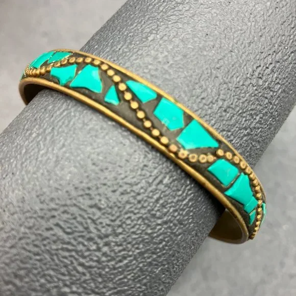 Inlaid Bangle Bracelet Turquoise Chunk Gold Dot Retro BoHo Soft Girl Beach - Picture 1 of 4